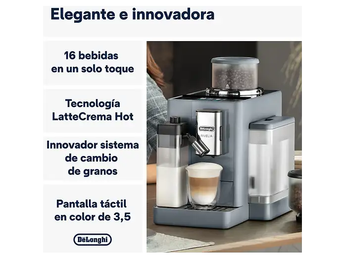 Cafetera superautomática - De'Longhi Rivelia EXAM440.55.G, 1450W, 19 bar, Molinillo integrado, LatteCremaHot, Depósito leche, Táctil, 16 recetas, Gris - Imagen 2
