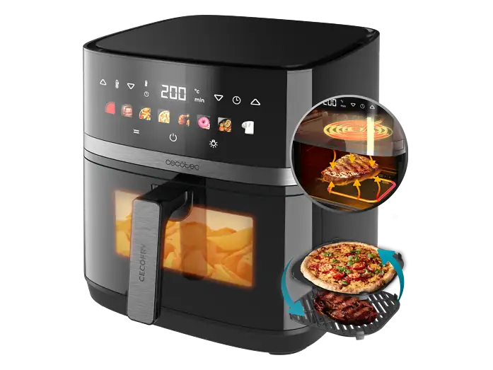 Freidora de aire - Cecotec Cecofry&Grill Duoheat 8000, Doble resistencia, 8 L, 2200 W, 8 menús, Cocción 3D, Parrilla, Ventana, Display táctil, Negro
