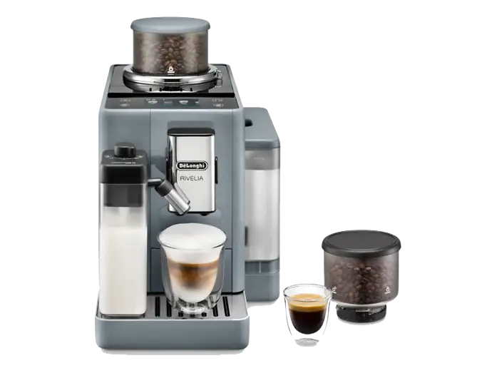 Cafetera superautomática - De'Longhi Rivelia EXAM440.55.G, 1450W, 19 bar, Molinillo integrado, LatteCremaHot, Depósito leche, Táctil, 16 recetas, Gris