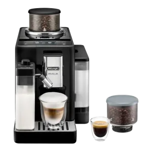 Cafetera superautomática - De'Longhi Rivelia EXAM440.55.B, 1450W, 19bar, Molinillo integrado, LatteCremaHot, Depósito leche, Táctil, 16 recetas, Negro